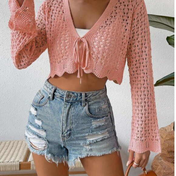 Pink Boho Crochet Knit Tie Front Cardigan Sweater Scallop Trim Cropped Top Small - Picture 4 of 16